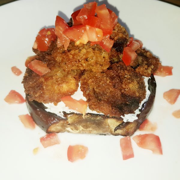 Crispy Chicken Livers with Almond Milk Cheese and Roast Aubergine