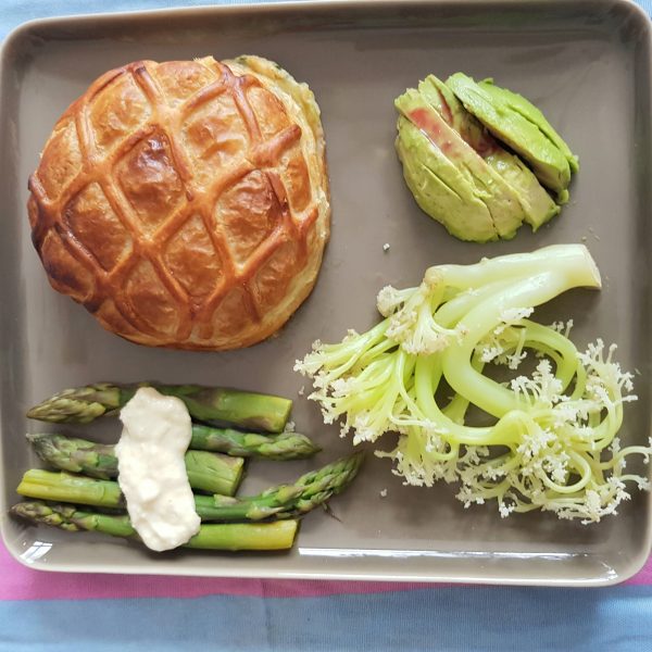 Salmon en Croute with Sprouting Cauliflower and Asparagus